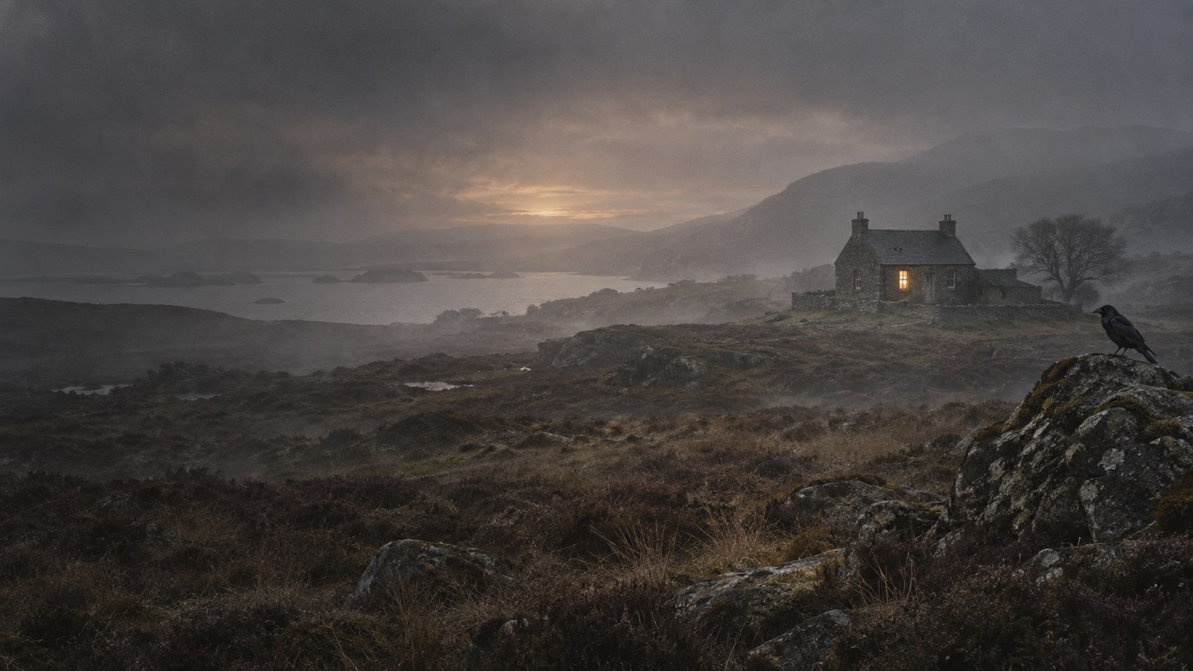 A small light in a stone home beneath the mist